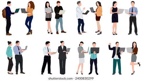 Set of pair of business people working on laptop. Businessman and businesswoman working on their laptop. 