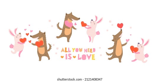 Set Pair of cute animals in love - wolf and hare in different poses. Lettering - all you need is love. Vector illustration.