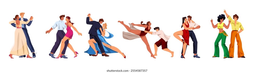 Set of pair dancing or vector collection of couple dance. Rumba or ballroom rhumba, romantic tango and emotional bachata, classic waltz and contemporary footwork, disco. Choreography and music rhythm.