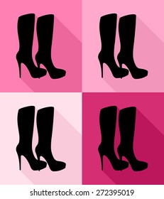 Set of pair of elegant women's high heels boots icon. black silhouette of two boot, on red, purple and pink color background. flat and shadow theme design sign, vector art image illustration, isolated