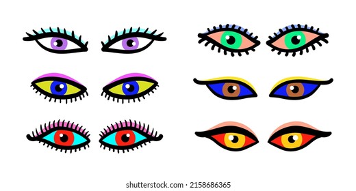 Set Of Pair Of Hand Drawing Colorful Eyes With Makeup. Isolated Eyes For Halloween, Gift Card.