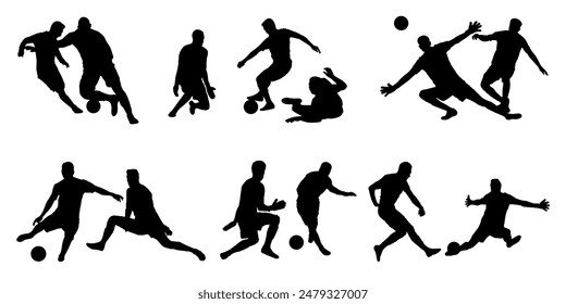 A set of pair silhouettes soccer player. Player and goalkeeper silhouettes in lots of different action poses. High quality isolated on white background. Vector illustration