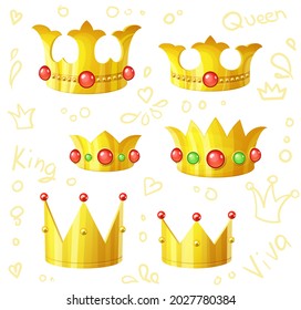 Set of paired golden crowns vector icons isolated on white background. Collection of royal crowns with red precious stones for couple of king and queen cartoon illustration