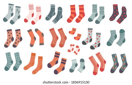 Set of pairs of doodle socks. Winter trendy clothing items with different texture and color. 