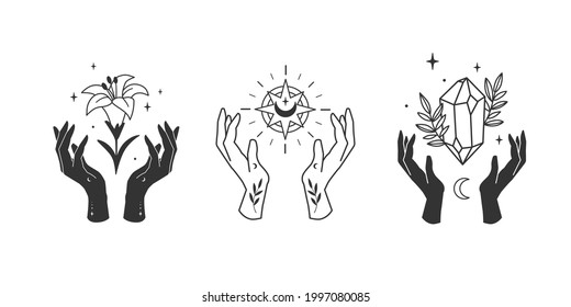 Set of pairs of hands with various magical and celestial elements. Vector illustration 