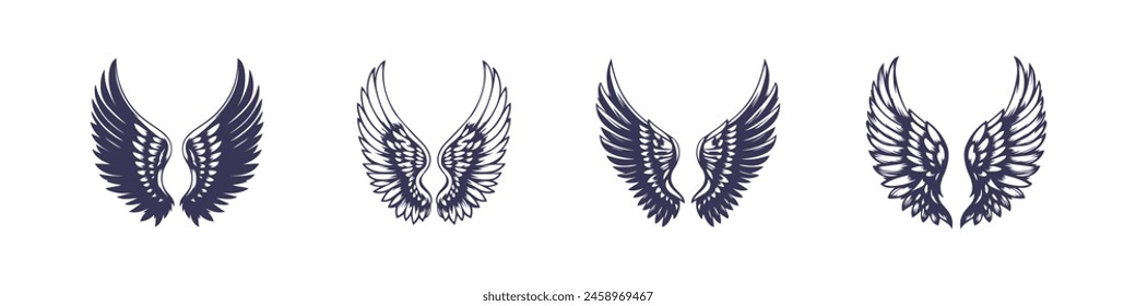 set of pairs of hawk eagle angel wings feathers hand drawn illustration