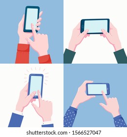 Set of pairs of human hands holding mobile phone, smartphone, cellphone with blank screen, tapping screen with finger, typing, flat cartoon vector illustration isolated on white background