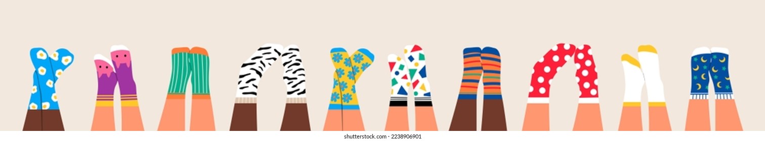 Reihe von Beinpaaren in den Socken. Stilvolle Unterwäsche. Mode-Accessoires. Schuhe. Farbige Vektorgrafik

