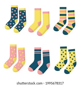 Set of pairs of socks on white background. Vector illustration