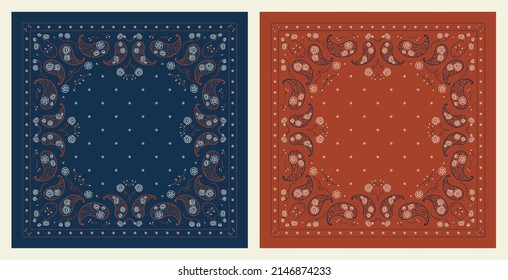 Set of Paisley Bandana Prints. Vector Floral Square Ornament Navy Blue and Dark Brick Red Colors with Peony Flowers and Small Bluebells. Vintage Oriental Silk Neck Scarf, Head Scarf or Kerchief design