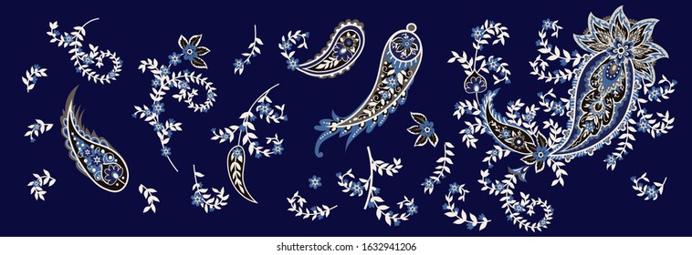 Set of paisley and blooming branches. Indian folk motif. Vector