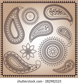 Set of paisley. Design elements. Henna.Mehndi. Tattoo. Abstract floral vector Illustration. 