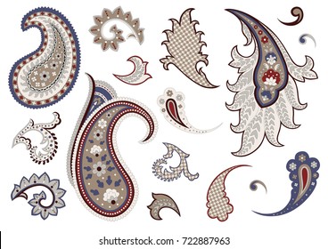 Set of paisley elements in different colors on the white background