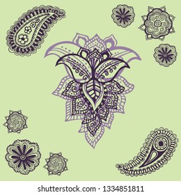 Set of paisley elements with flowers 