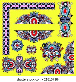 set of paisley floral design elements for page decoration, frame, corner, divider, circle snowflake, stripe pattern, vector illustration