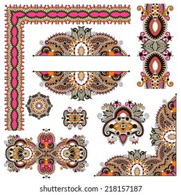 set of paisley floral design elements for page decoration, frame, corner, divider, circle snowflake, stripe pattern, vector illustration