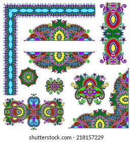set of paisley floral design elements for page decoration, frame, corner, divider, circle snowflake, stripe pattern, vector illustration