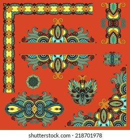 set of paisley floral design elements for page decoration, frame, corner, divider, circle snowflake, stripe pattern, vector illustration