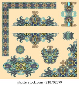 set of paisley floral design elements for page decoration, frame, corner, divider, circle snowflake, stripe pattern, vector illustration
