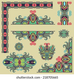 set of paisley floral design elements for page decoration, frame, corner, divider, circle snowflake, stripe pattern, vector illustration