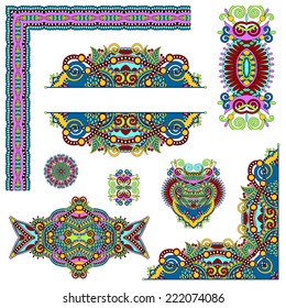 set of paisley floral design elements for page decoration, frame, corner, divider, circle snowflake, stripe pattern, vector illustration