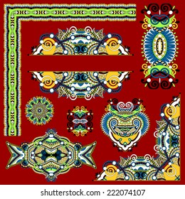 set of paisley floral design elements for page decoration, frame, corner, divider, circle snowflake, stripe pattern, vector illustration