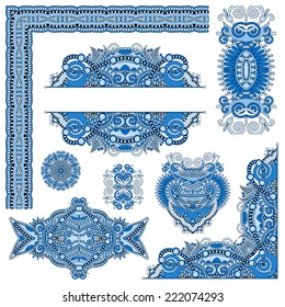 set of paisley floral design elements for page decoration, frame, corner, divider, circle snowflake, stripe pattern, vector illustration