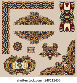 set of paisley floral design elements for page decoration, frame, corner, divider, circle snowflake, stripe pattern, vector illustration in beige colour