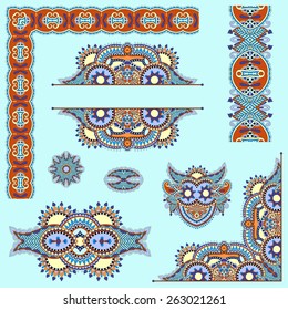 set of paisley floral design elements for page decoration, frame, corner, divider, circle snowflake, stripe pattern, vector illustration in blue color