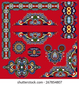 set of paisley floral design elements for page decoration, frame, corner, divider, circle snowflake, stripe pattern, vector illustration on red background