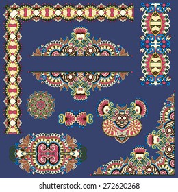 set of paisley floral design elements for page decoration, frame, corner, divider, circle snowflake, stripe pattern, vector illustration on dirty dark blue