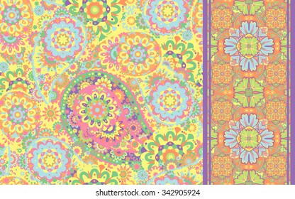 Set of paisley floral seamless pattern with seamless ribbon. Vector floral background
