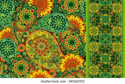 Set of paisley floral seamless pattern with seamless ribbon. Vector floral background