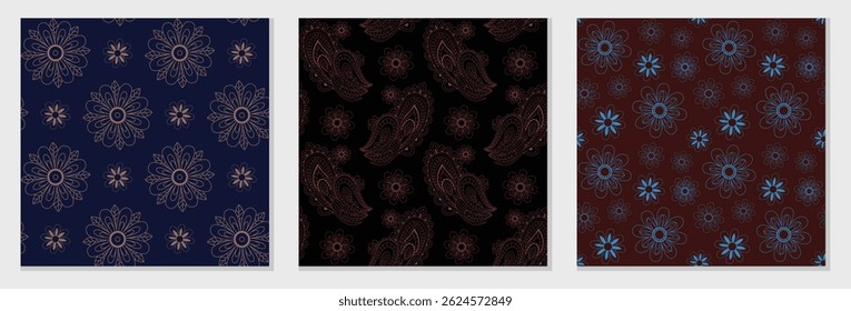 Set of paisley and geo floral patterns. Seamless collection of vector illustration ideas for men shirting, home decor, wall paper, wrapper, templates, flyer. Modern hand drawn paisley printable patter