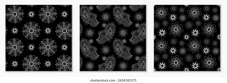 Set of paisley and geo floral patterns. Seamless collection of vector illustration ideas for men shirting, home decor, wall paper, wrapper, templates, flyer.Geometry floral patterns.