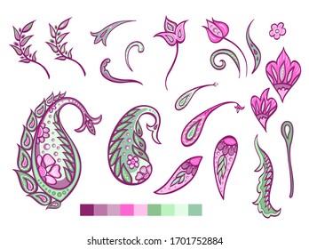 Conjunto de motivos paisley con una paleta de colores. Decorativo estilo oriental floral de buta.