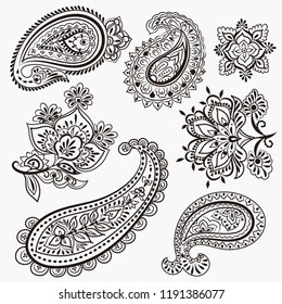 Set of paisley vector elements on white background, ornate vintage ethnic design elements