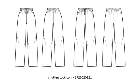 Set of Pajama pants technical fashion illustration with elastic normal low waist, high rise, full length, drawstrings, pockets. Flat trousers apparel template front, back white color. Women CAD mockup