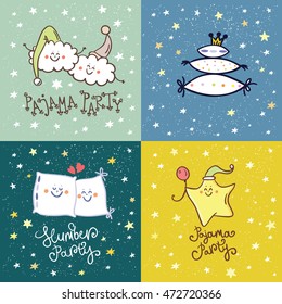 Set of pajama party card. Slumber invintation. Cute hand drawn beautiful card. Cute little star, cute clouds, cute pillow