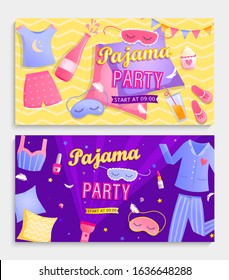 Set of pajama party's invitation banners.Night time for kids and parents, nightwear,pillows,games,sweets, fun.Posters for happy event. Birthday celebration for children in pyjamas.Vector illustration.