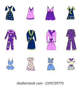 set of pajamas and nightgowns painted in doodle style