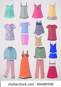 Set of pajamas and nighties in flat design