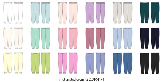 Juego de boceto técnico de pantalones de pijama. Colección de plantillas de diseño de pantalones para uso doméstico de KIds. Vista frontal y posterior. ilustración de vector de moda CAD