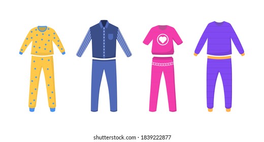 A set of pajamas for sleep, parties, holidays. Nightwear, nightdress, nightshirt. Textile night clothes for kids and parents sleepwear bedtime pajama colored pictures. Vector flat illustration. 