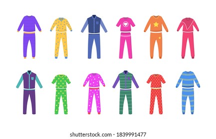 A set of pajamas for sleep, parties, holidays. Nightwear, nightdress, nightshirt. Textile night clothes for kids and parents sleepwear bedtime pajama colored pictures. Vector flat illustration. 