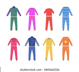 A set of pajamas for sleep, parties, holidays. Nightwear, nightdress, nightshirt. Textile night clothes for kids and parents sleepwear bedtime pajama colored pictures. Vector flat illustration. 