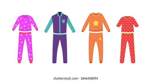 A set of pajamas for sleep, parties, holidays. Nightwear, nightdress, nightshirt. Textile night clothes for kids and parents sleepwear bedtime pajama colored pictures. Vector flat illustration. 