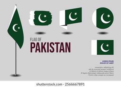 Set of Pakistan flag in 5 designs: flag on pole, brush stroke, skew, round and standard. vector, flat, isolated on grey background