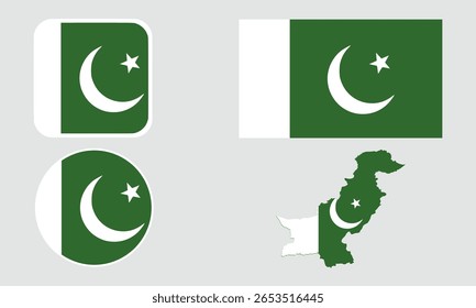 Un conjunto de iconos de la bandera de Pakistán. Conjunto de indicadores en Formas cuadradas, rectangulares, redondas y de mapa. Iconos de la bandera.	