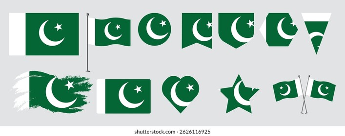 Set Pakistan flags, banners, symbols, flat icon. Vector illustration of collection of national symbols on various objects and state signs and shape